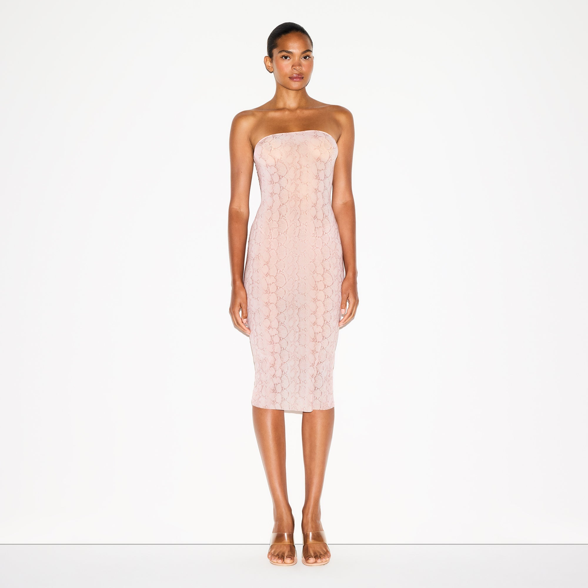 MILKY SHEER MIDI TUBE DRESS | ROSE PASTEL SNAKE PRINT