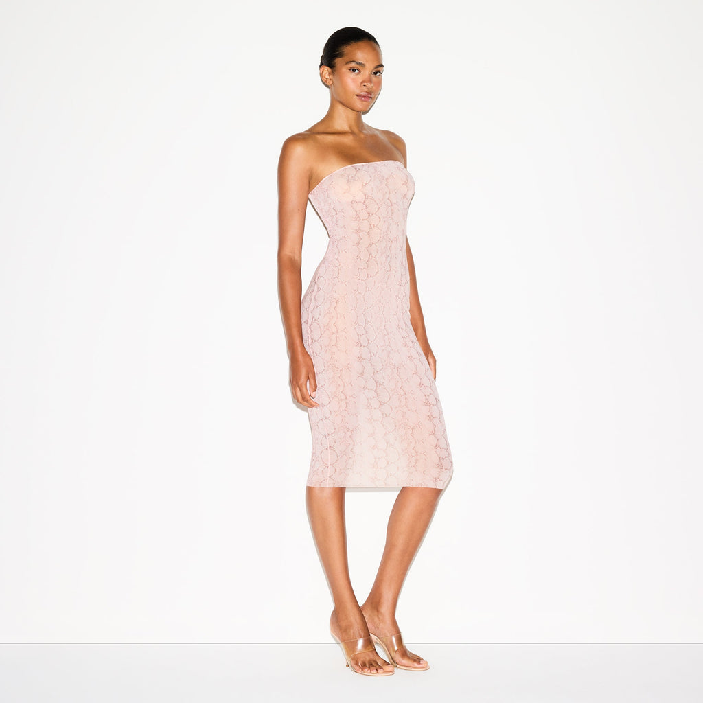 MILKY SHEER MIDI TUBE DRESS | ROSE PASTEL SNAKE PRINT