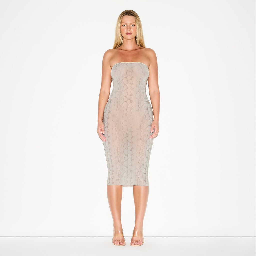 MILKY SHEER MIDI TUBE DRESS | STONE PASTEL SNAKE PRINT