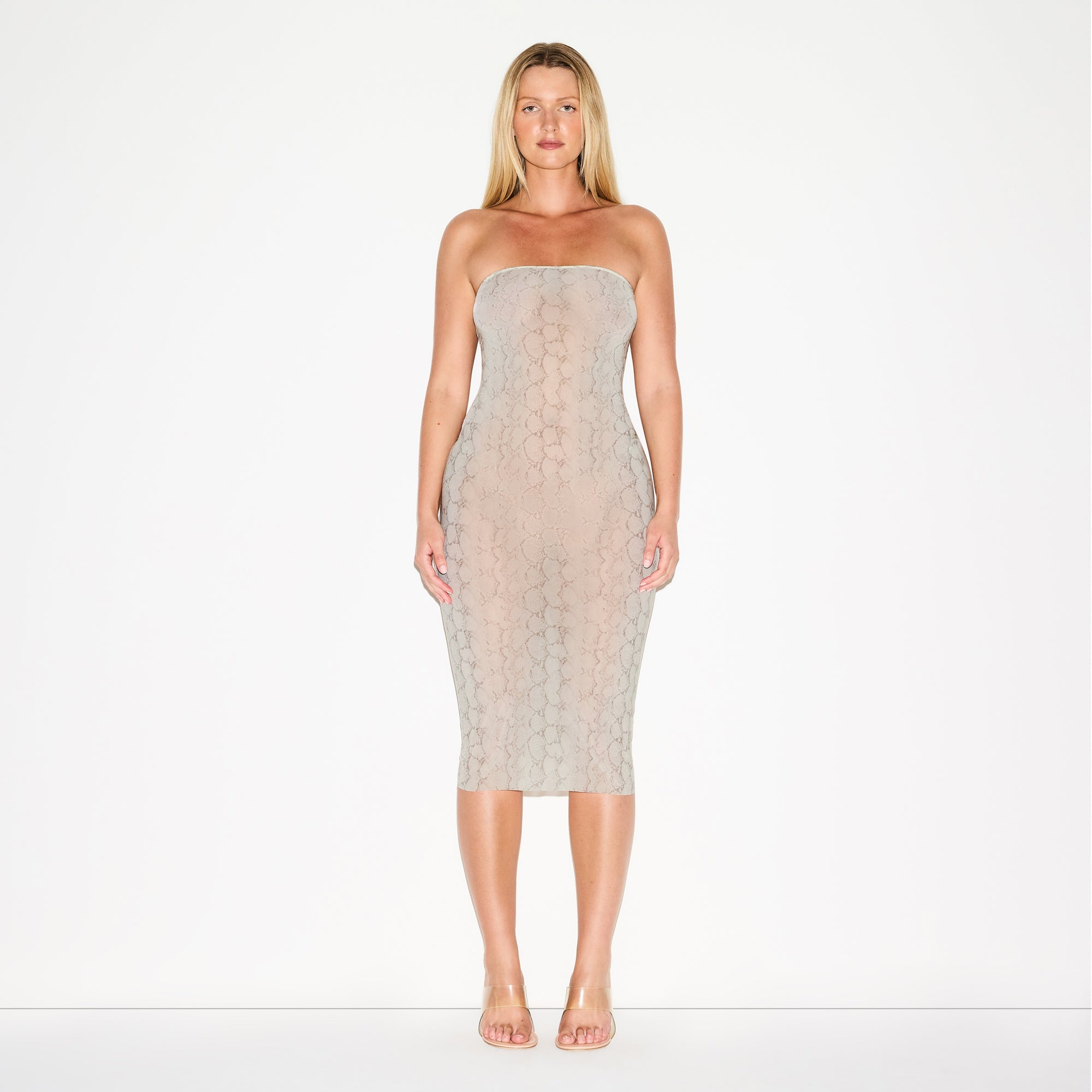 MILKY SHEER MIDI TUBE DRESS | STONE PASTEL SNAKE PRINT