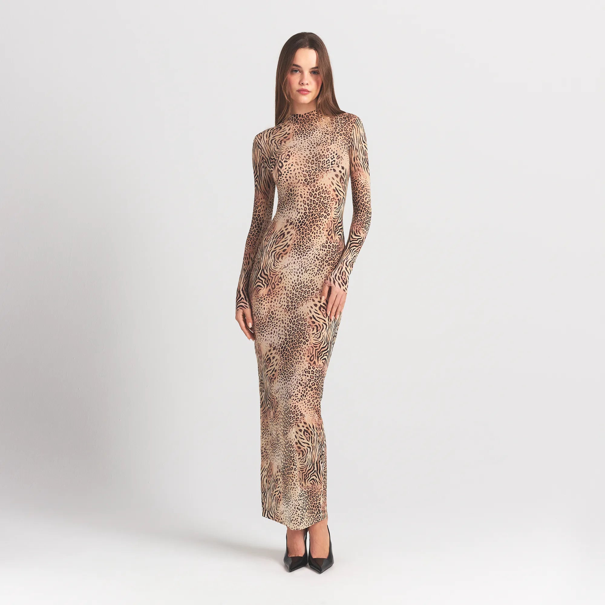 Milky Sheer Mock Neck Long Sleeve Long Dress