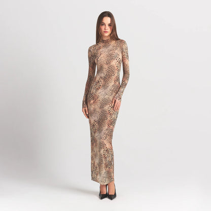 Milky Sheer Mock Neck Long Sleeve Long Dress