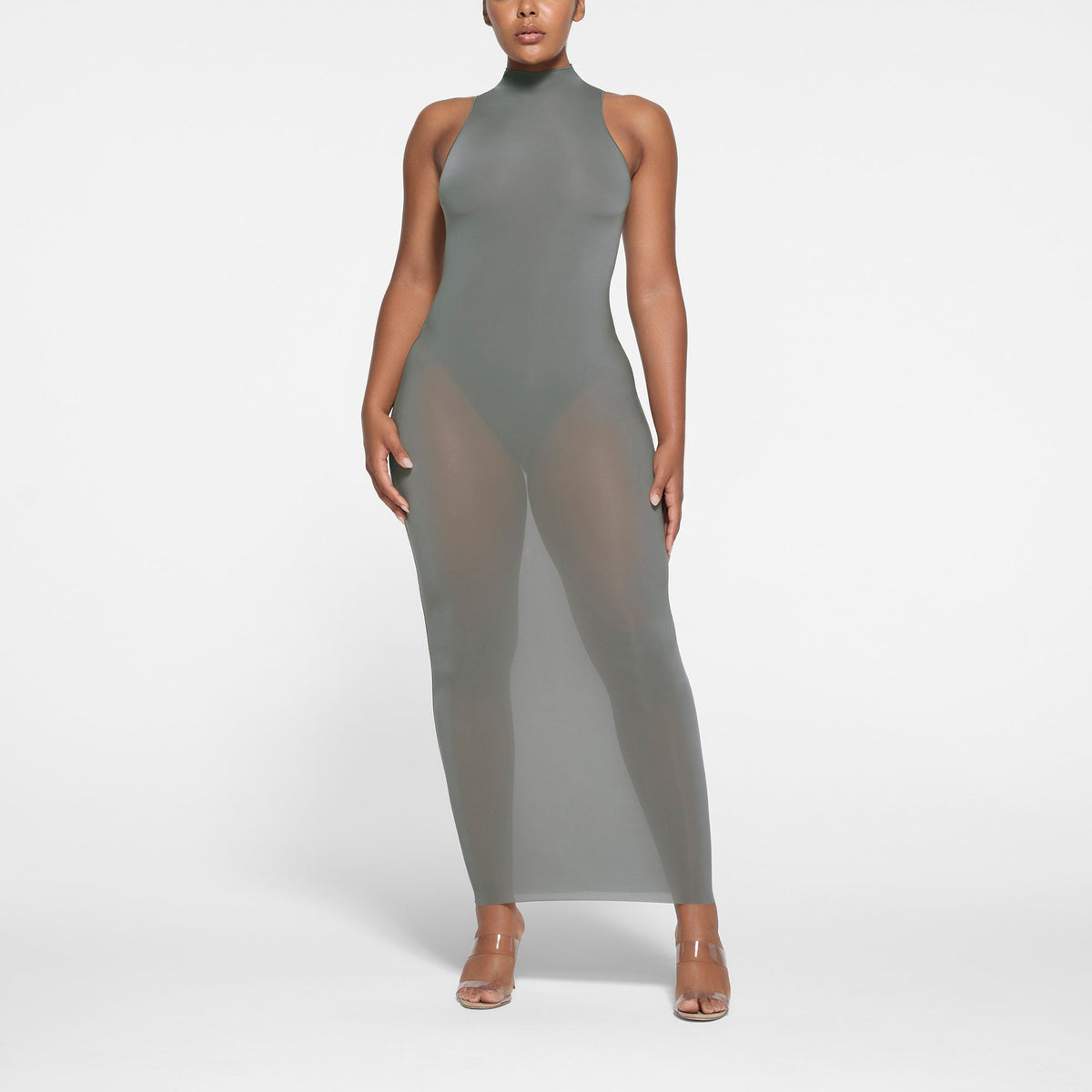 MILKY SHEER MOCK NECK LONG DRESS | GUNMETAL