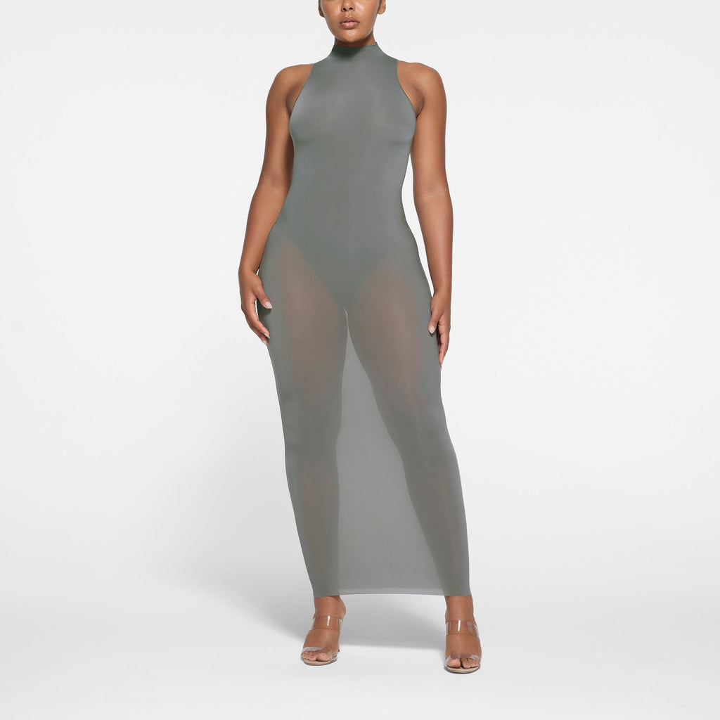 MILKY SHEER MOCK NECK LONG DRESS | GUNMETAL