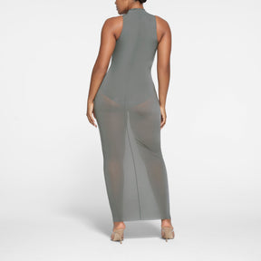 MILKY SHEER MOCK NECK LONG DRESS | GUNMETAL