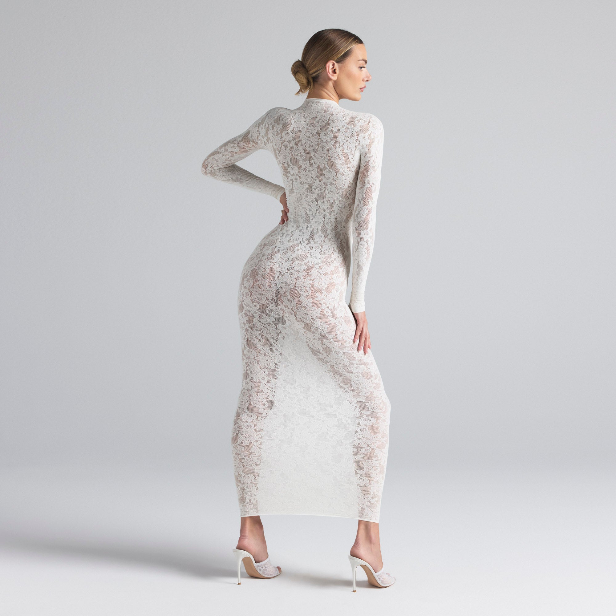 KNIT LACE MOCK NECK DRESS | IVORY