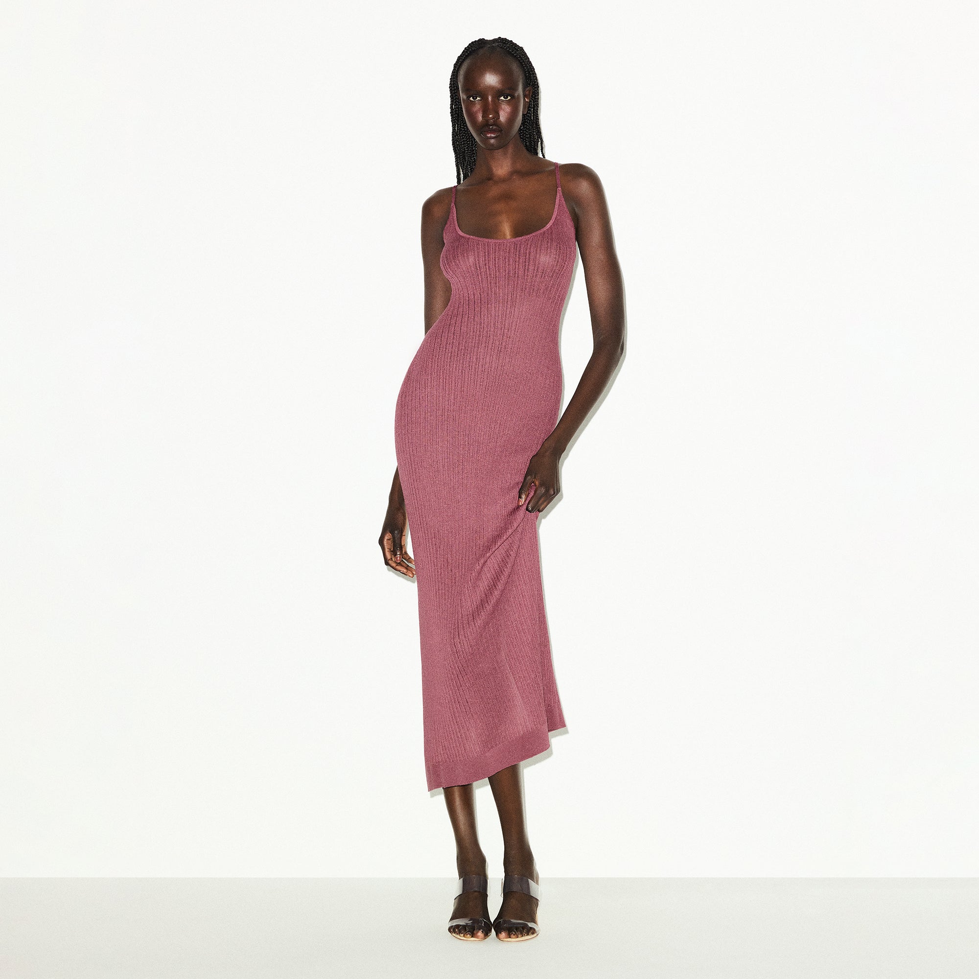 SHEER KNIT LONG CAMI DRESS | BEET