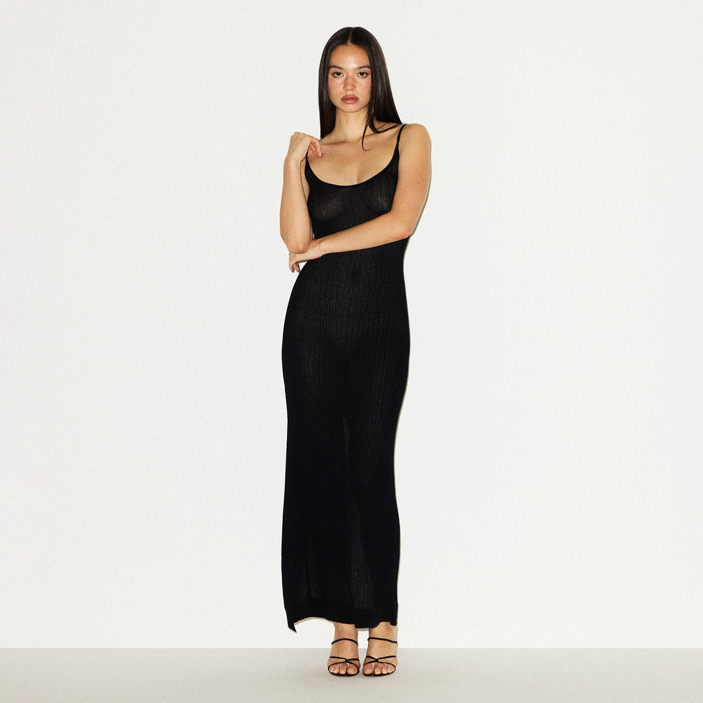 SHEER KNIT LONG CAMI DRESS | ONYX