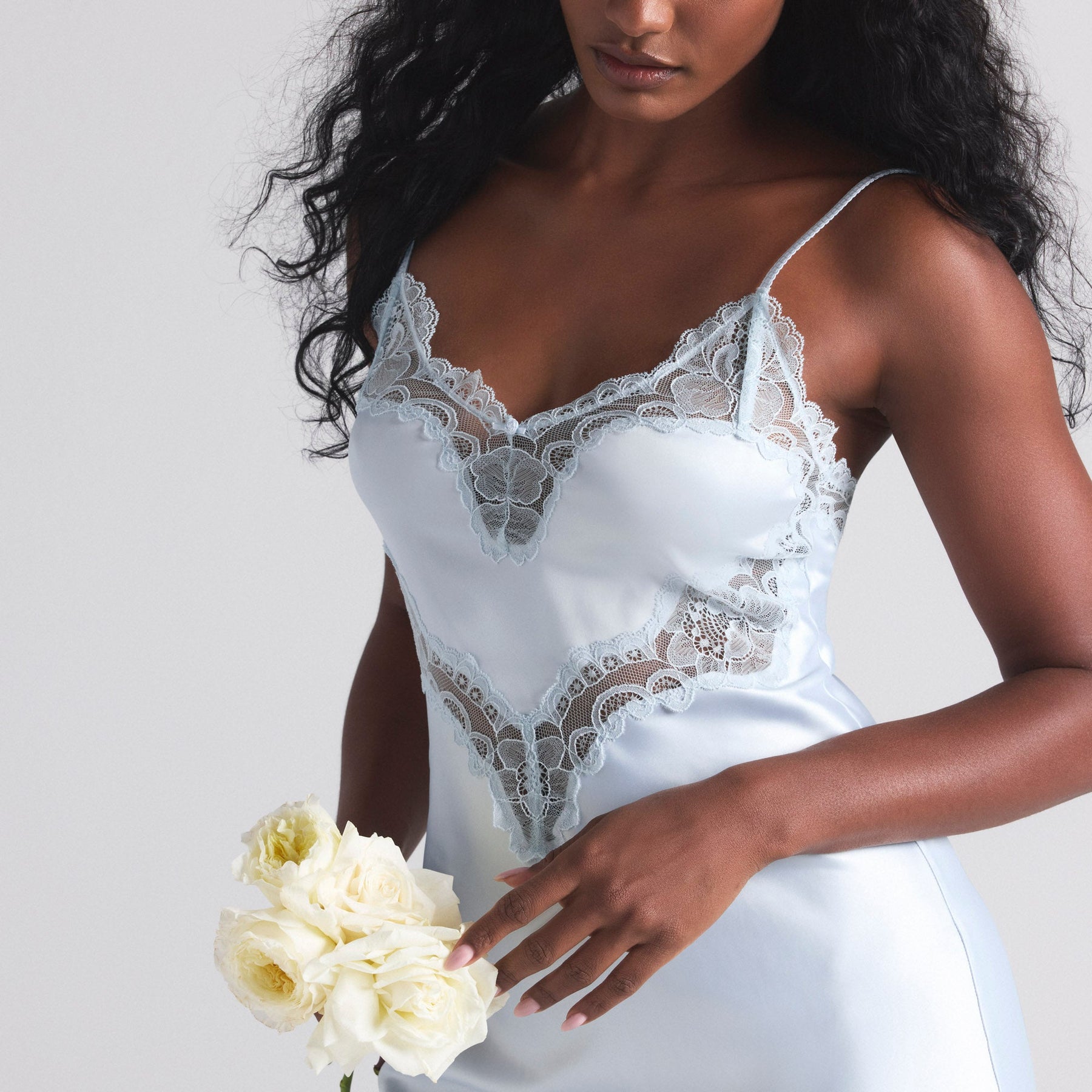 WOVEN SHINE LACE MIDI SLIP DRESS | CLOUD