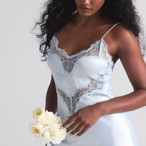 WOVEN SHINE LACE MIDI SLIP DRESS | CLOUD