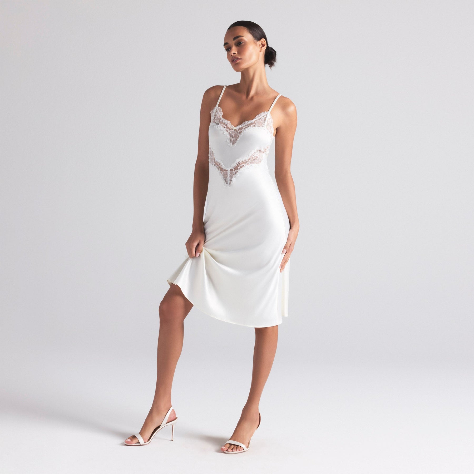 WOVEN SHINE LACE MIDI SLIP DRESS | IVORY