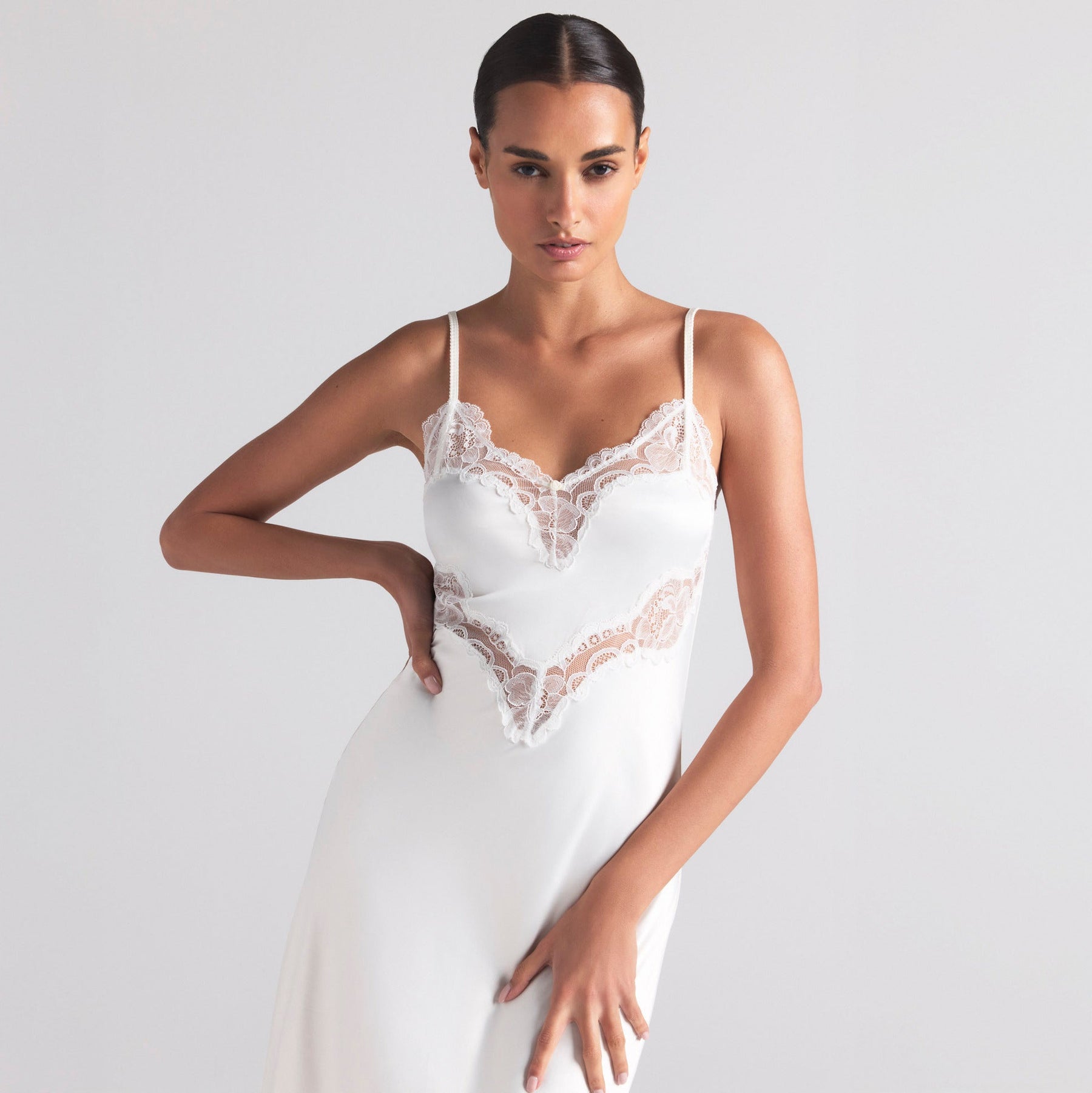WOVEN SHINE LACE MIDI SLIP DRESS | IVORY