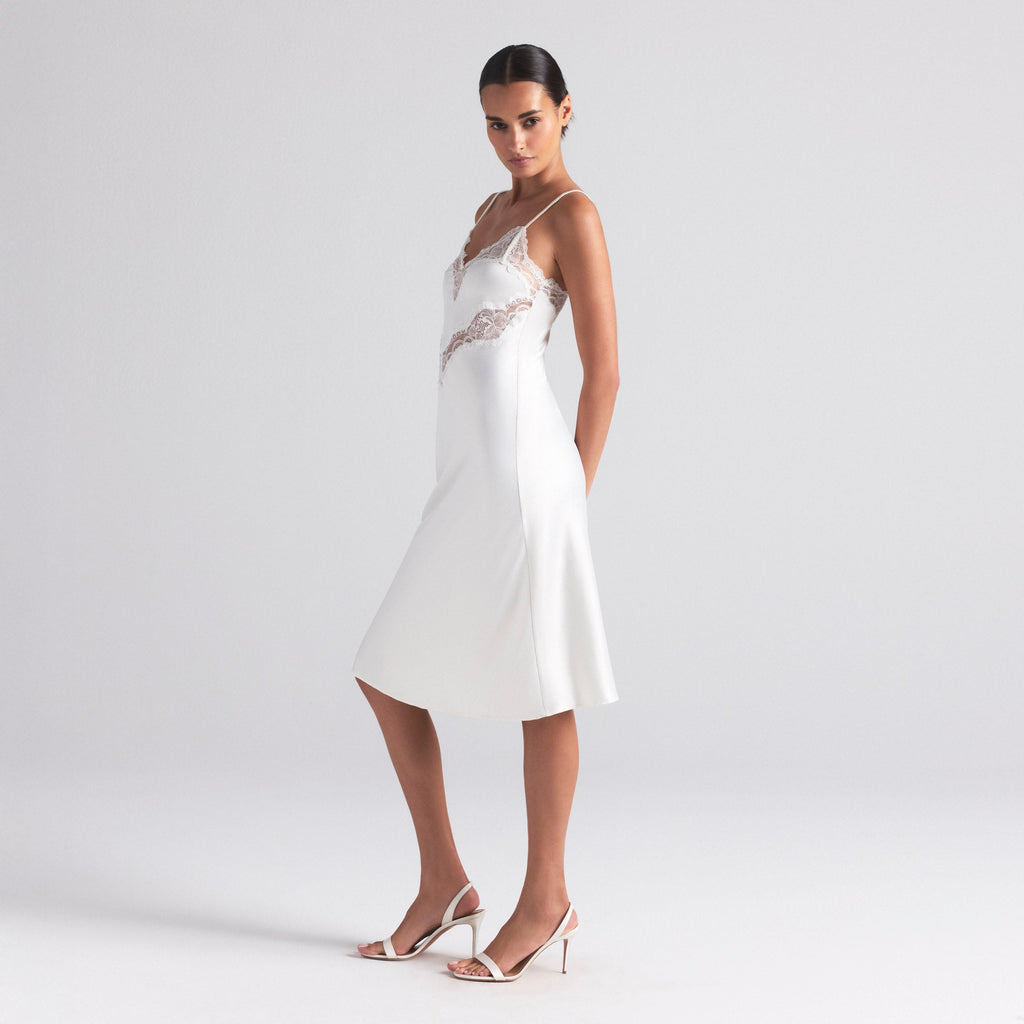 WOVEN SHINE LACE MIDI SLIP DRESS | IVORY