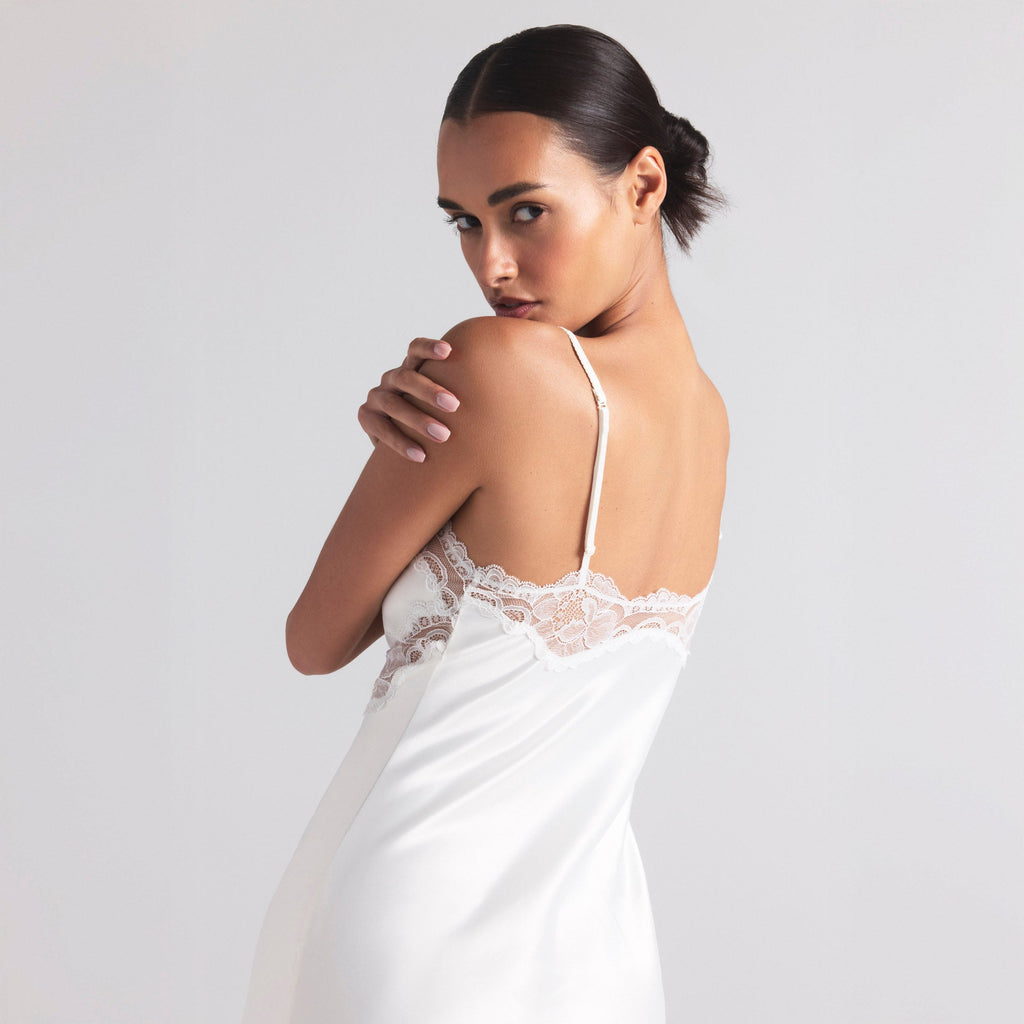 WOVEN SHINE LACE MIDI SLIP DRESS | IVORY
