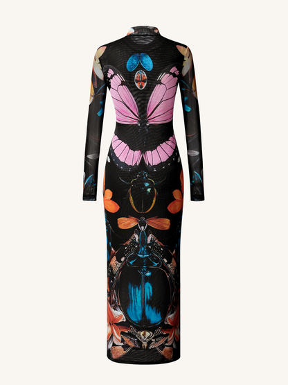 Double-layered Mesh Sheer Butterfly and Beetle Gown - Multicolor