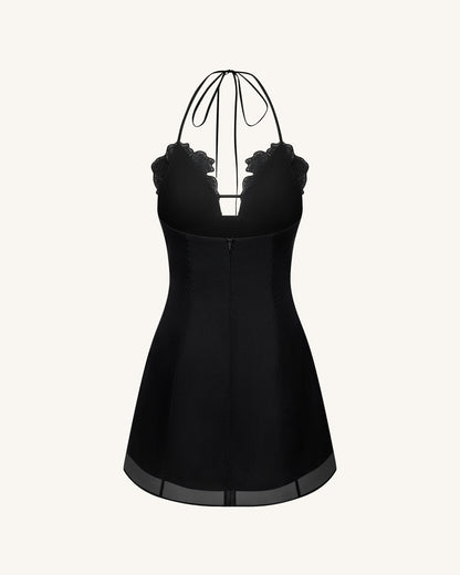 Flower Embroidered Mini Dress - Black