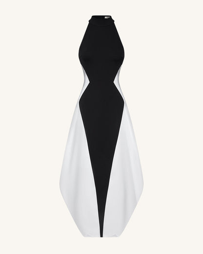 Monochrome Paneled Maxi Dress – Black