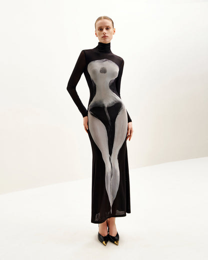 Eva Body Print Mesh Dress - Black and White