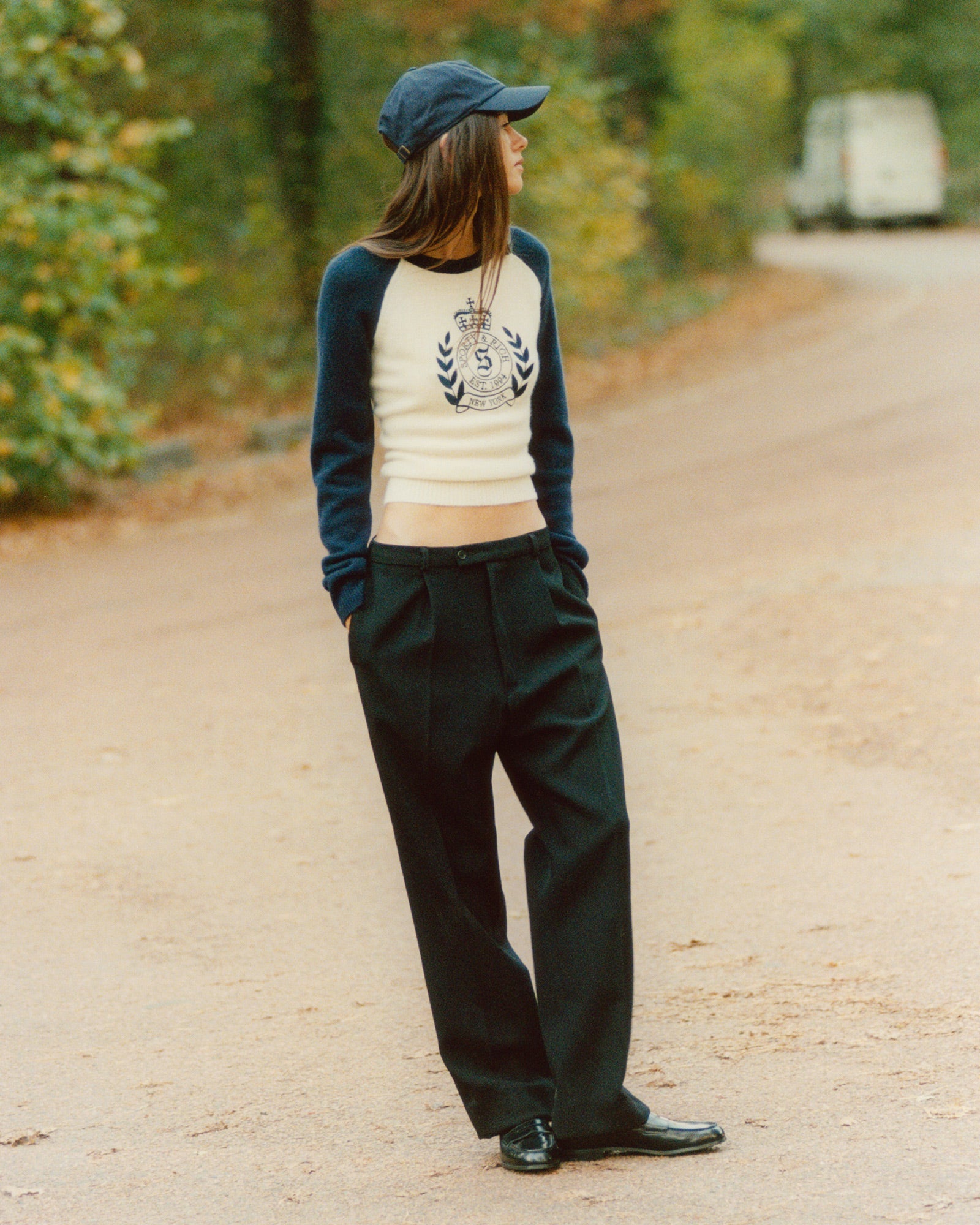 NY Crest Cashmere Baseball Sweater - Ecru/Navy