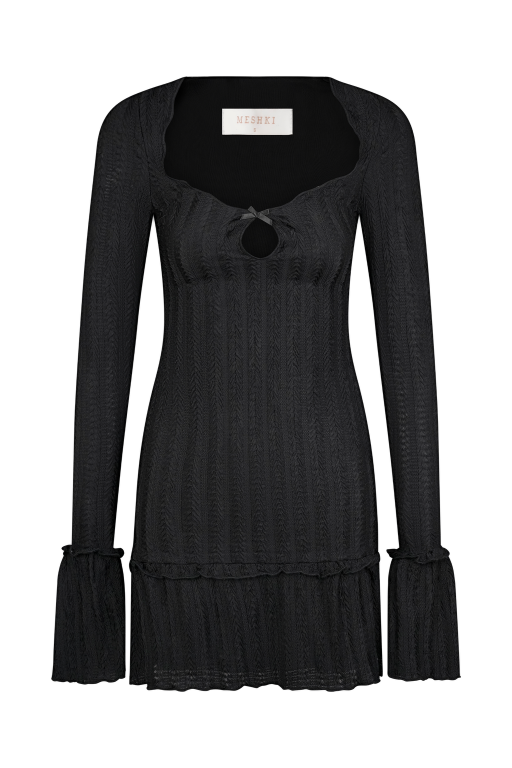 Daphne Pointelle Long Sleeve Mini Dress - Black