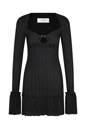 Daphne Pointelle Long Sleeve Mini Dress - Black