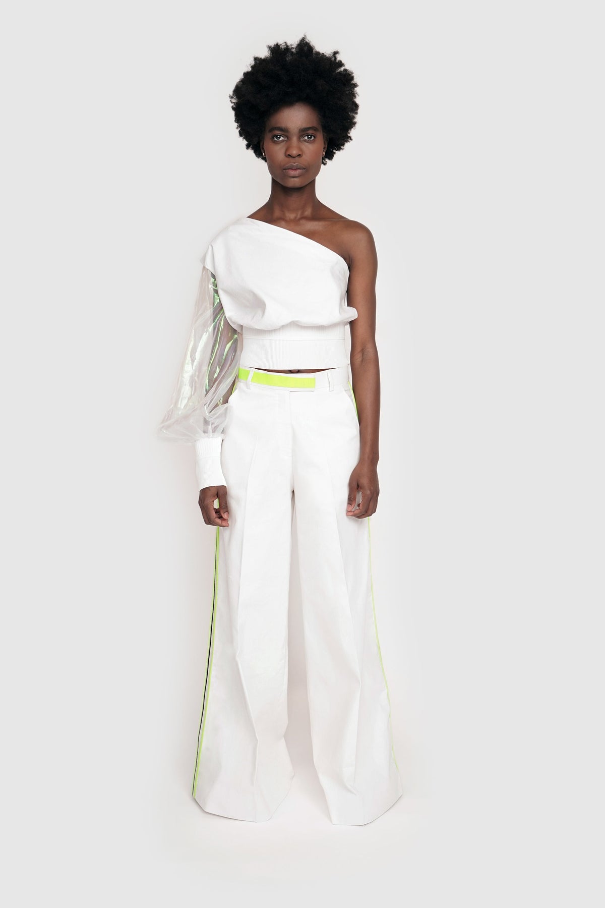 ONE SHOULDER TOP WITH IRIDESCENT SLEEVE