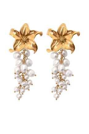 Eva Floral Fresh Water Pearl Earrings - Gold