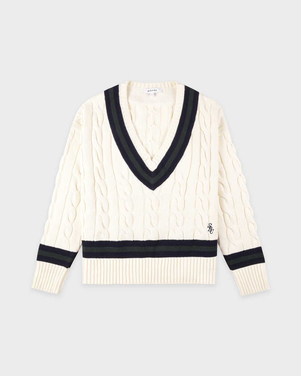 SRC Cableknit V-Neck Sweater - Ecru/Navy/Forest