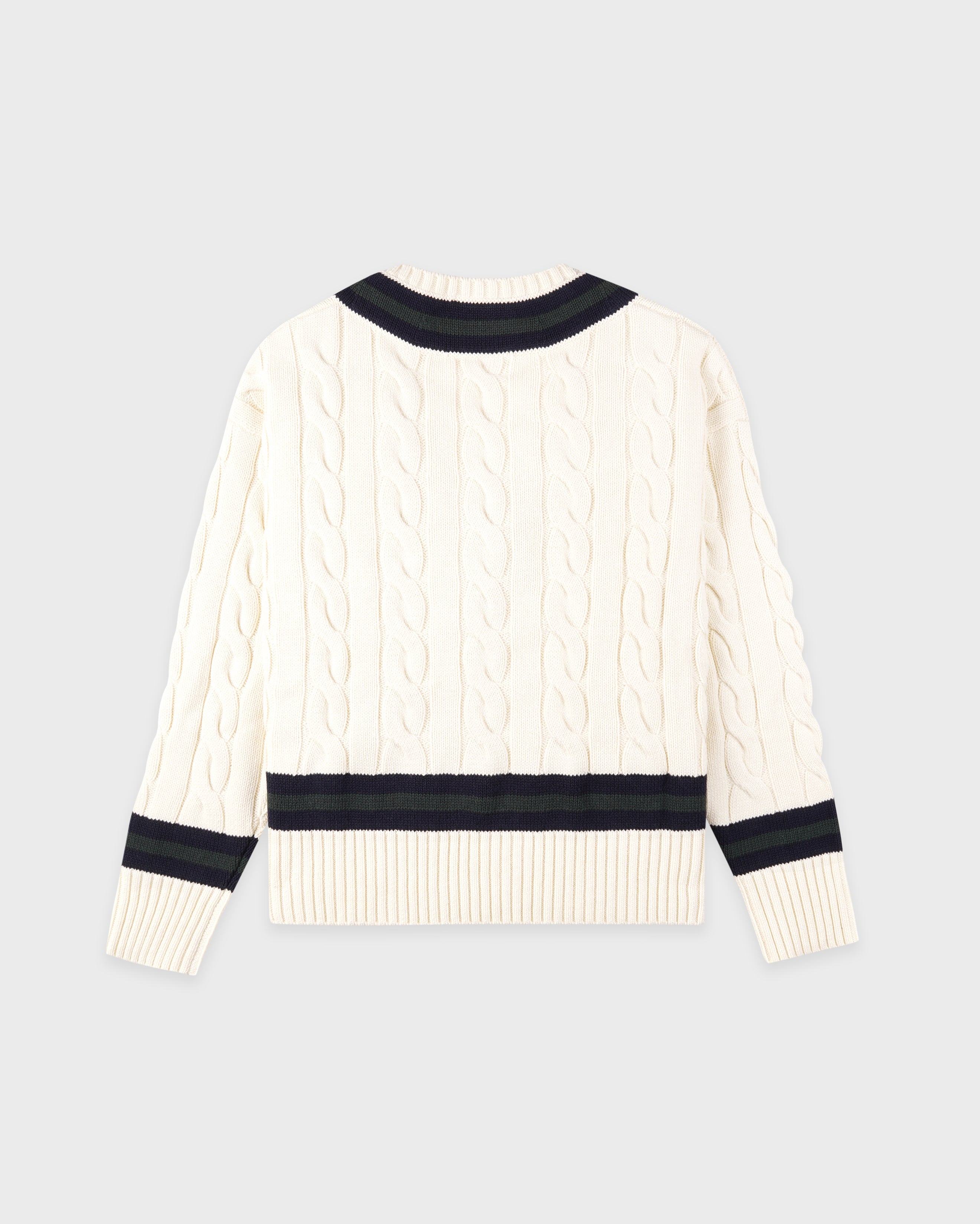 SRC Cableknit V-Neck Sweater - Ecru/Navy/Forest