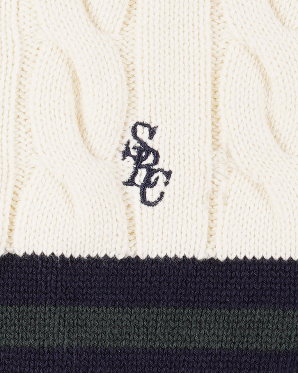 SRC Cableknit V-Neck Sweater - Ecru/Navy/Forest