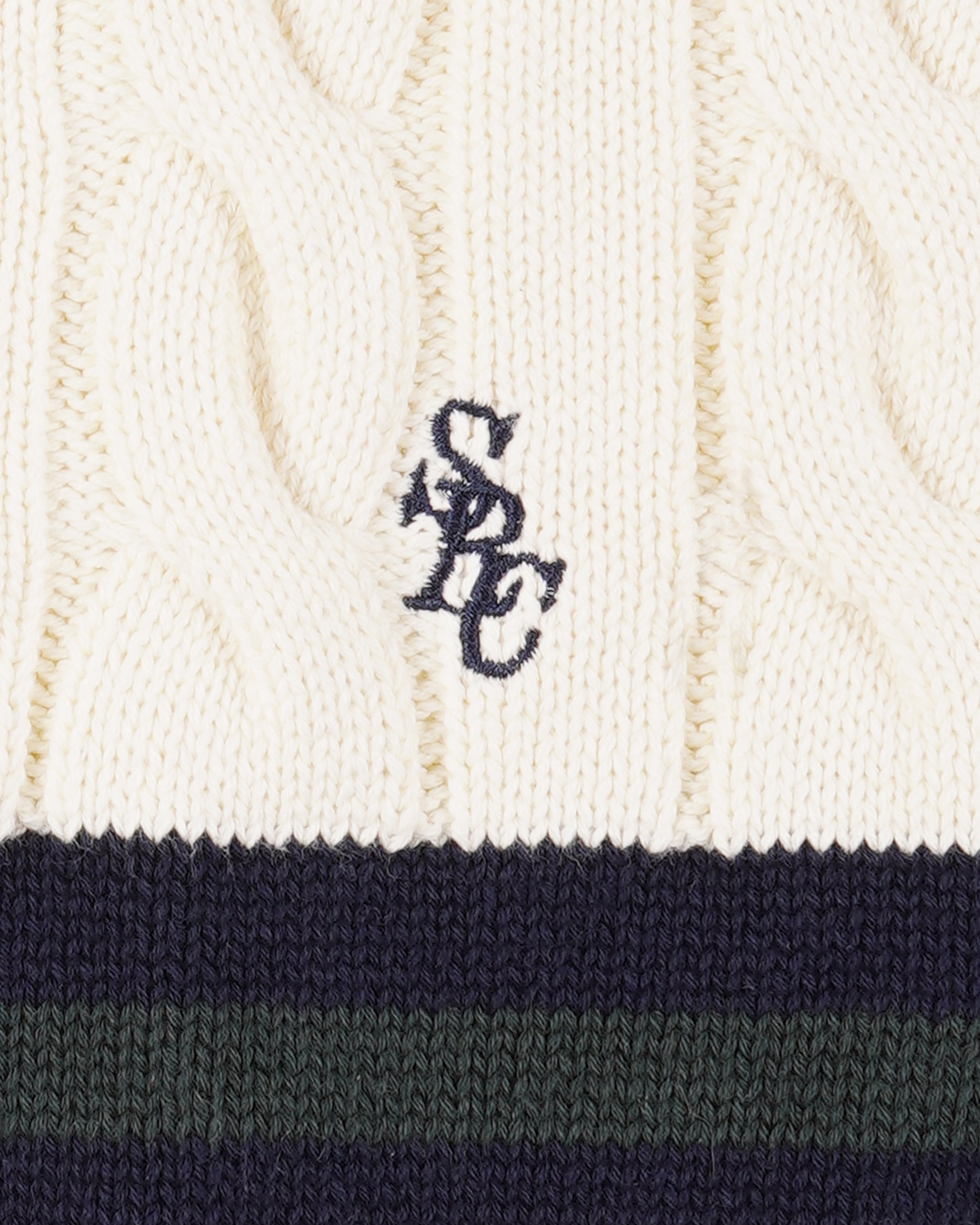 SRC Cableknit V-Neck Sweater - Ecru/Navy/Forest