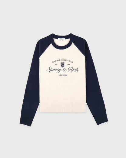 Syracuse Cashmere Baseball Sweater - Ecru/Navy