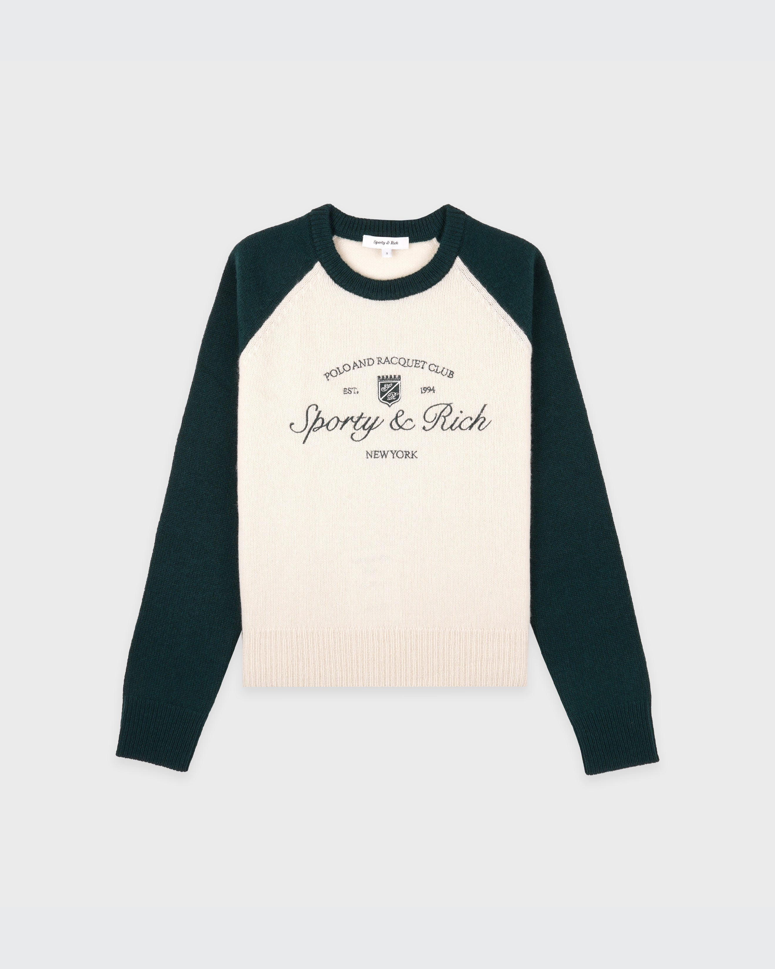 Syracuse Cashmere Baseball Sweater - Ecru/Forest