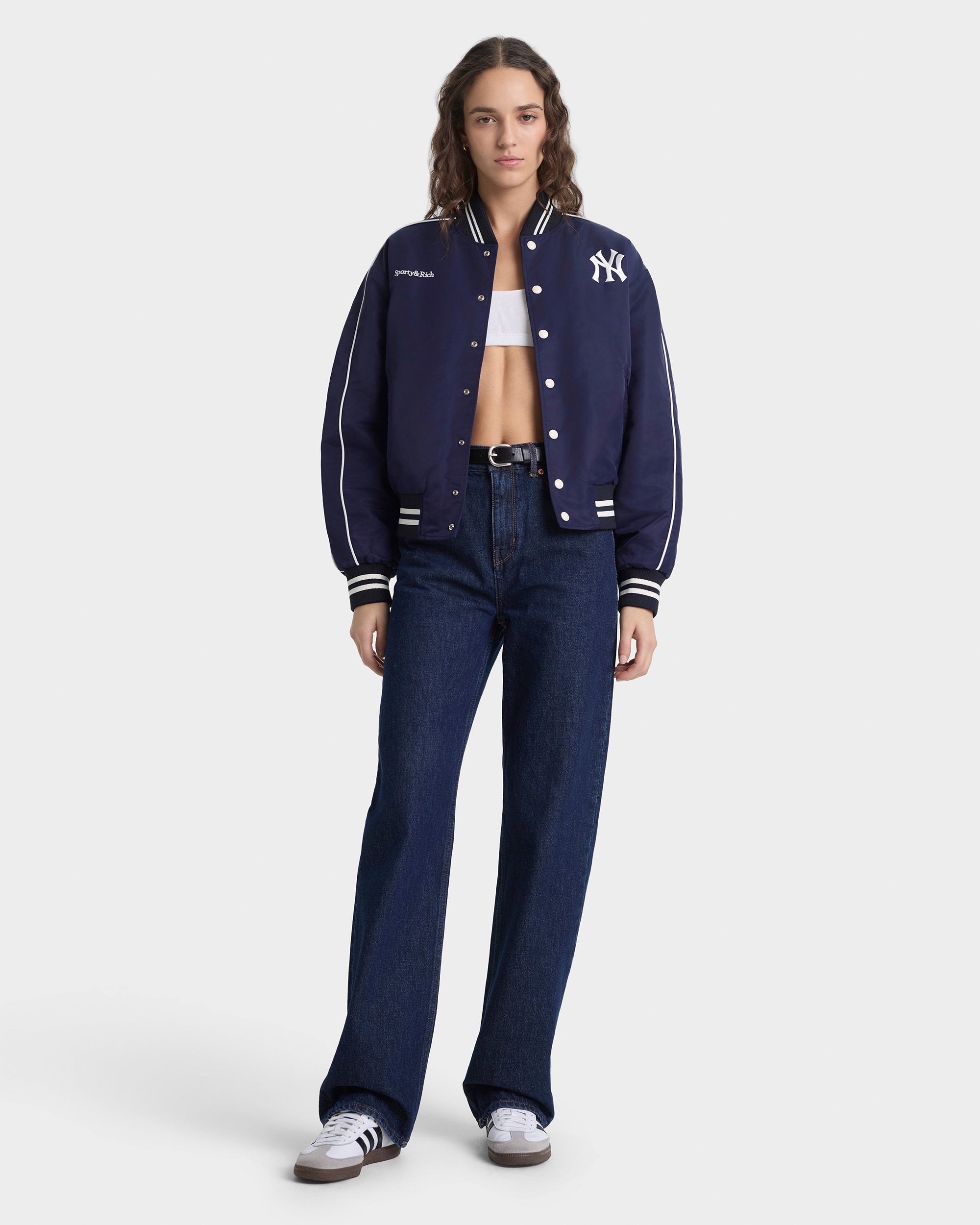 Yankees Curve Nylon Varsity Jacket - Navy/White