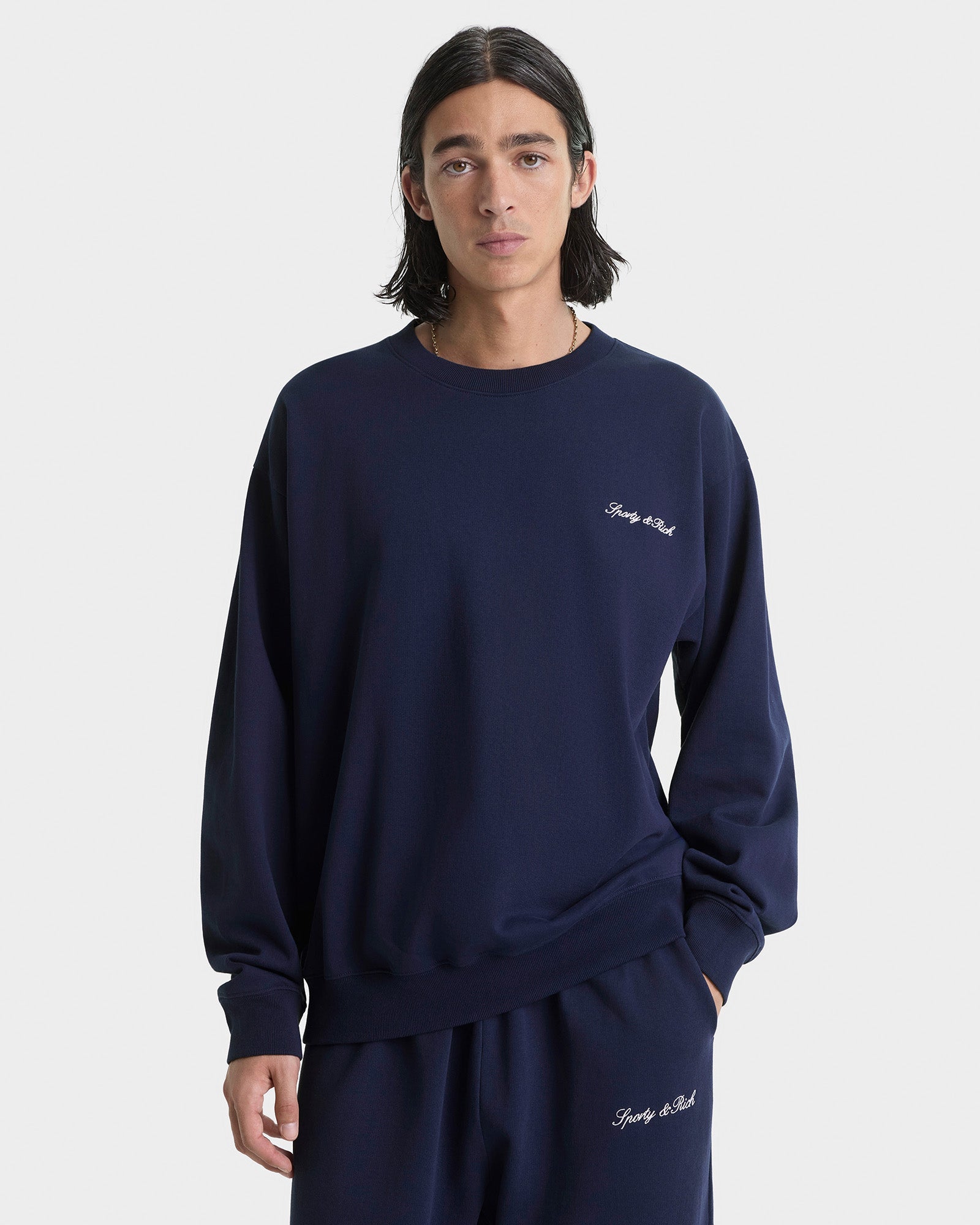 Signature Logo Embroidered Wide Sweatpant - Navy/White