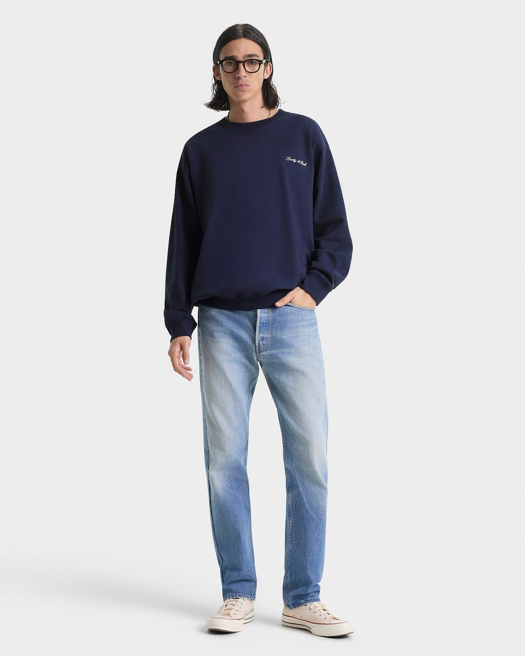 Signature Logo Embroidered Crewneck - Navy/White