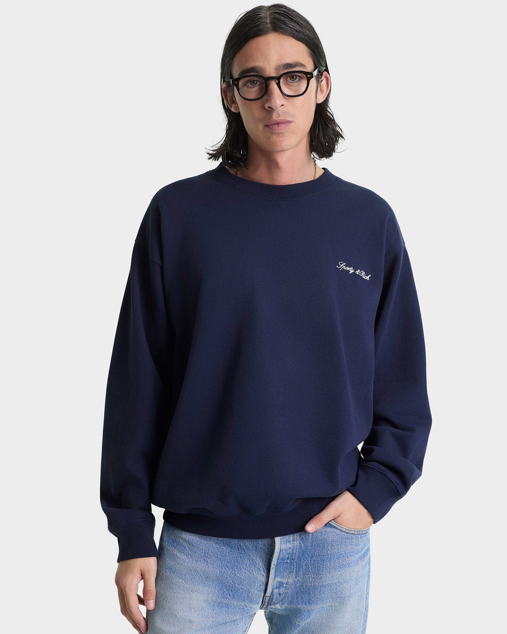 Signature Logo Embroidered Crewneck - Navy/White