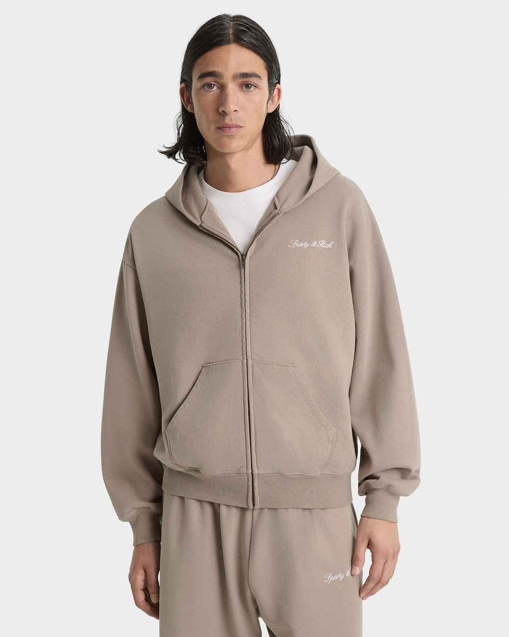 Signature Logo Embroidered Zip Hoodie - Hazelnut/White