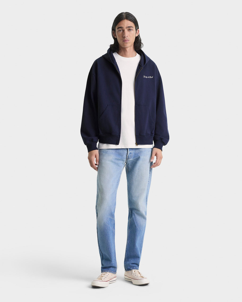 Signature Logo Embroidered Zip Hoodie - Navy/White