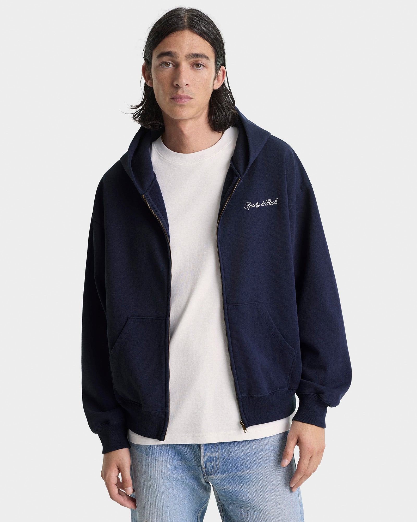Signature Logo Embroidered Zip Hoodie - Navy/White
