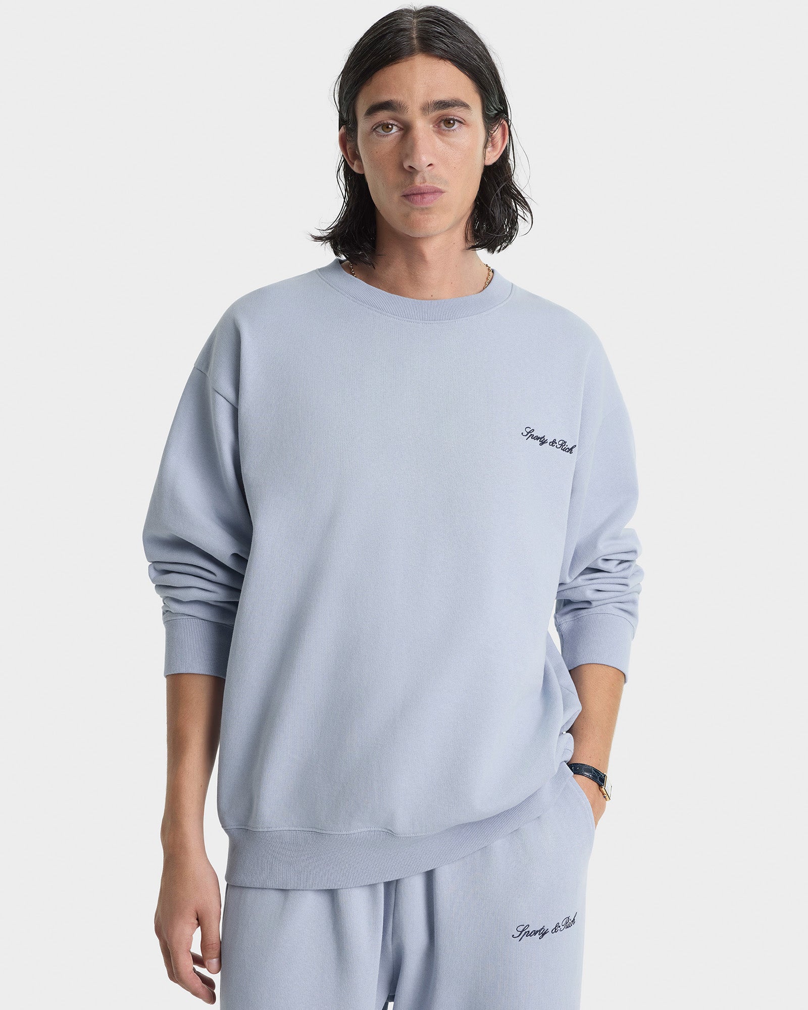 Signature Logo Embroidered Wide Sweatpant - Faded Blue/Navy