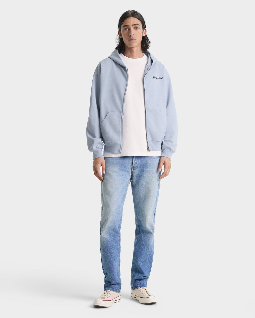 Signature Logo Embroidered Zip Hoodie - Faded Blue/Navy