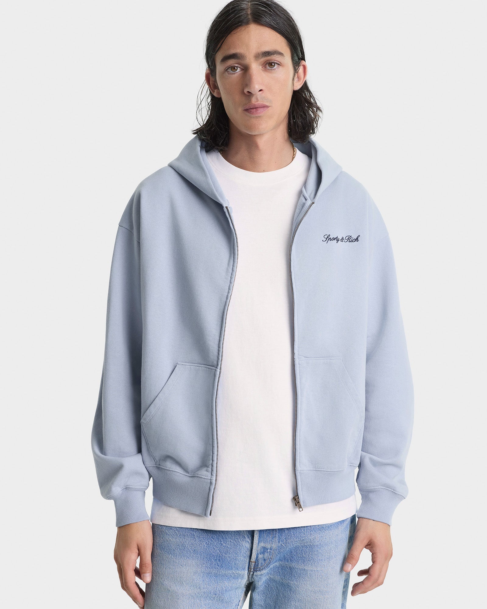 Signature Logo Embroidered Zip Hoodie - Faded Blue/Navy