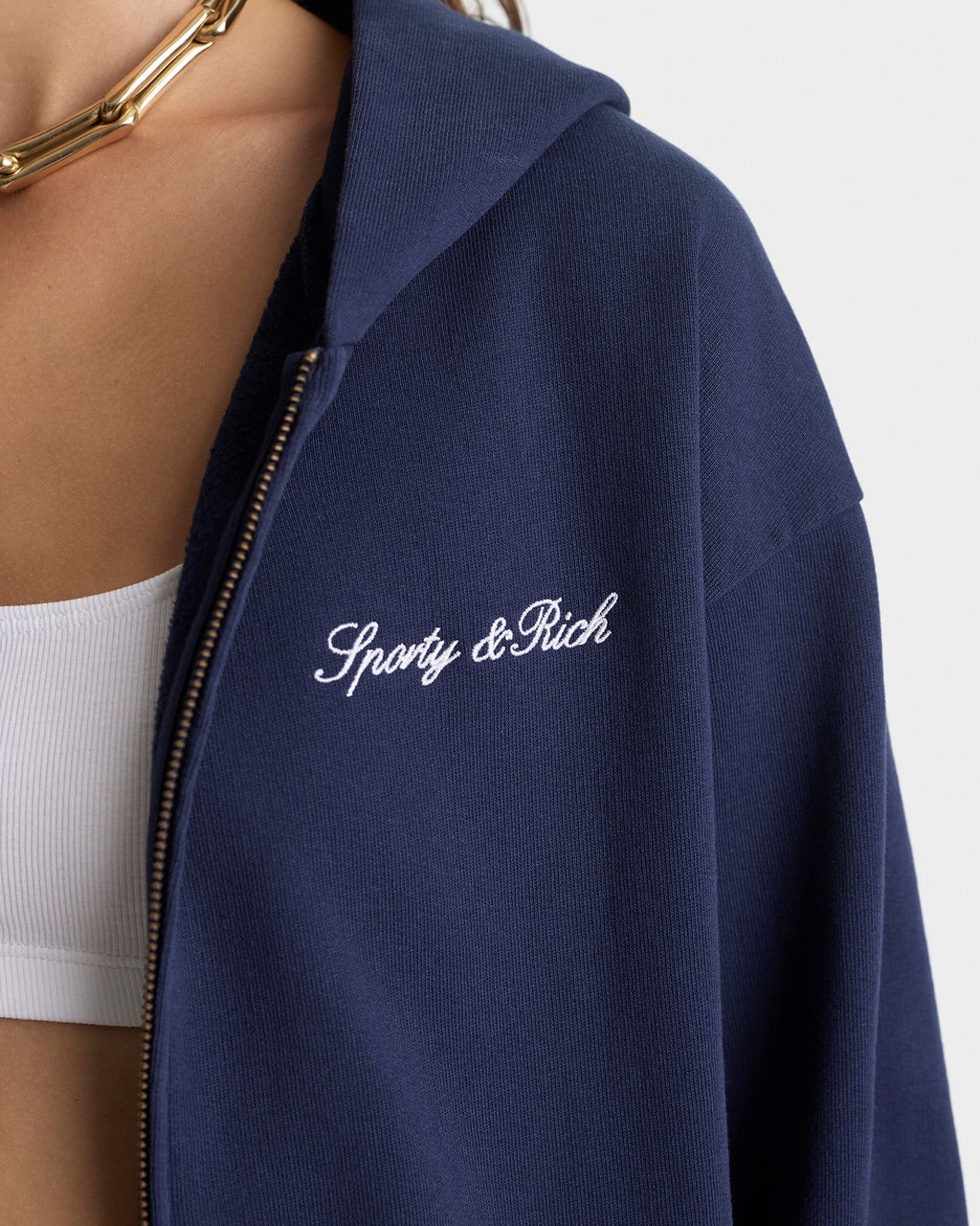 Signature Logo Embroidered Zip Hoodie - Navy/White