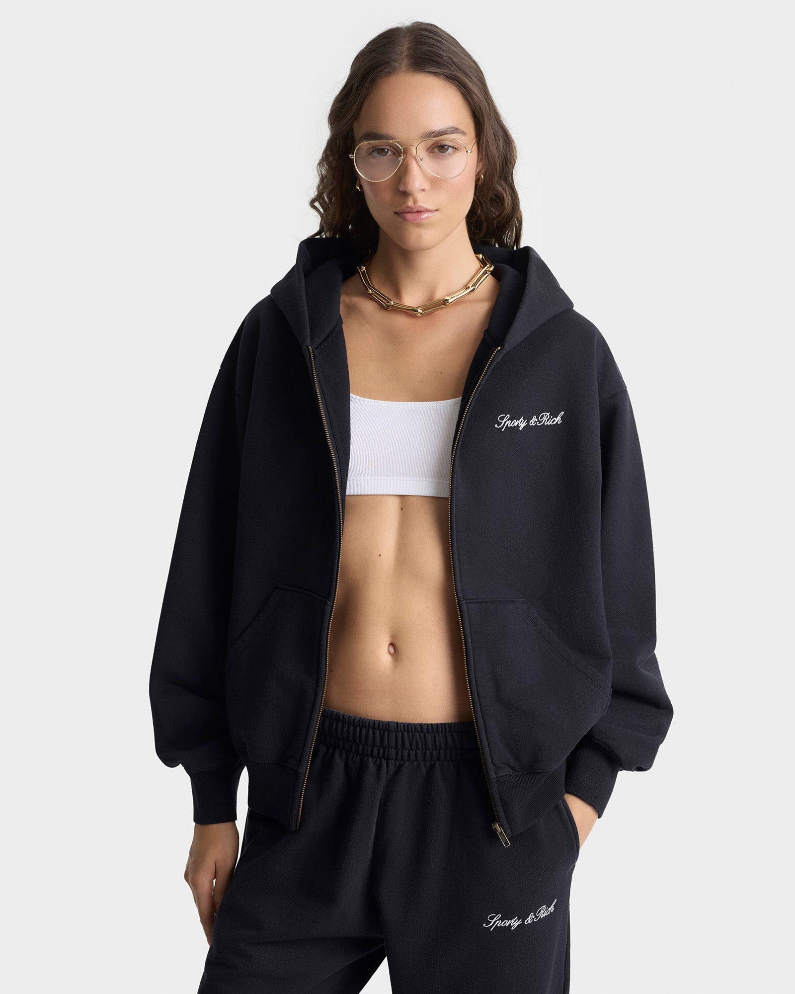 Signature Logo Embroidered Zip Hoodie - Black/White