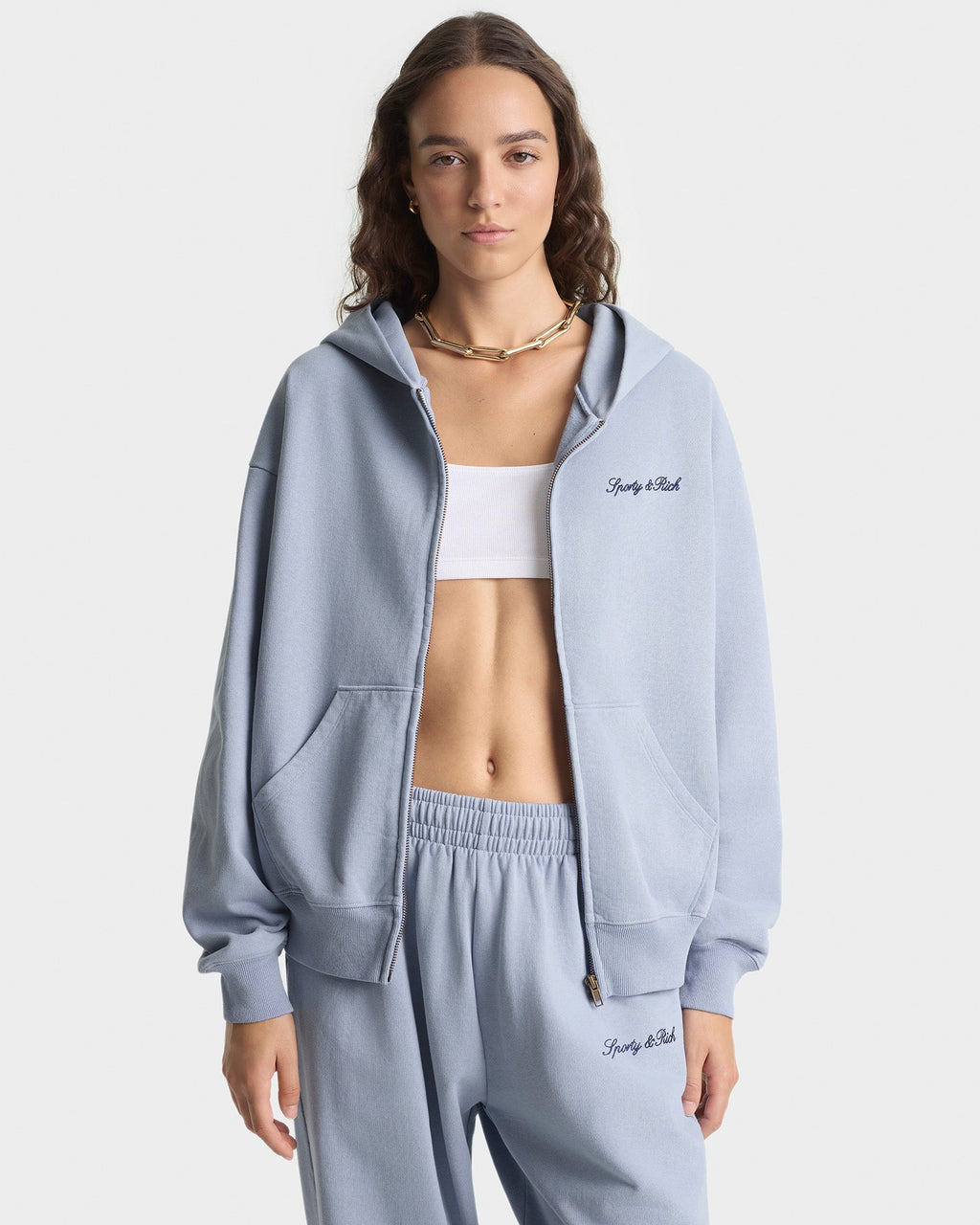 Signature Logo Embroidered Zip Hoodie - Faded Blue/Navy