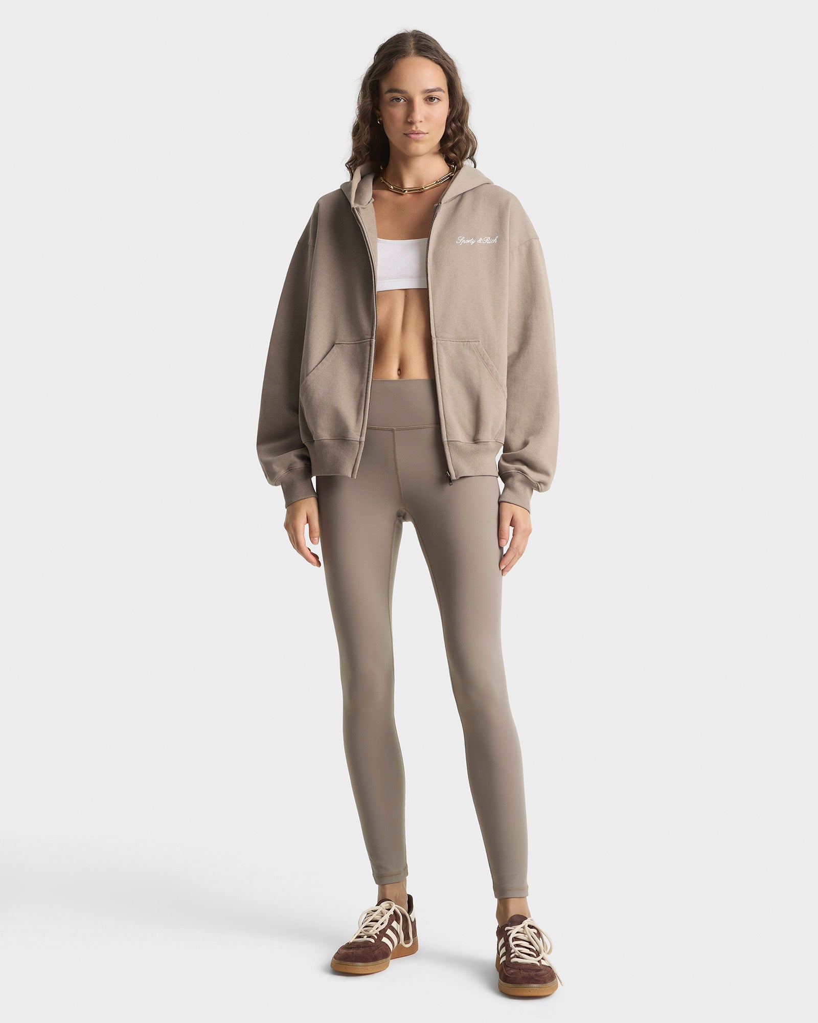 Signature Logo Embroidered Zip Hoodie - Hazelnut/White