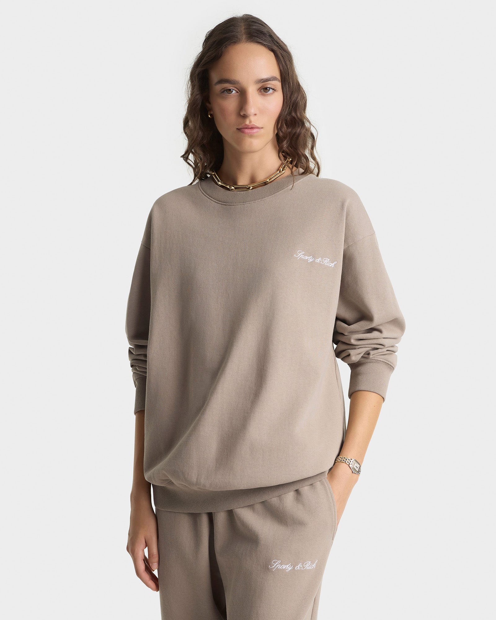 Signature Logo Embroidered Wide Sweatpant - Hazelnut/White