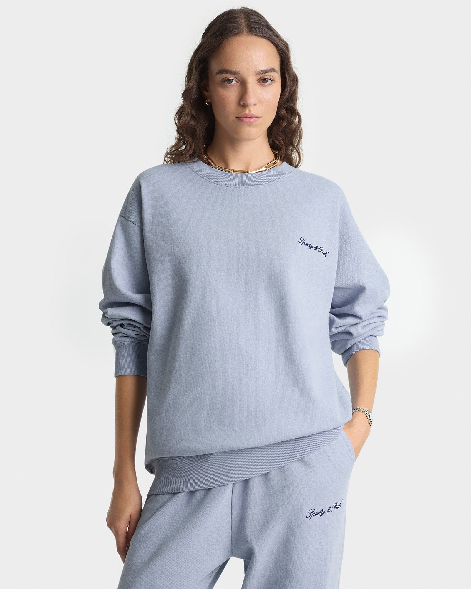 Signature Logo Embroidered Crewneck - Faded Blue/Navy