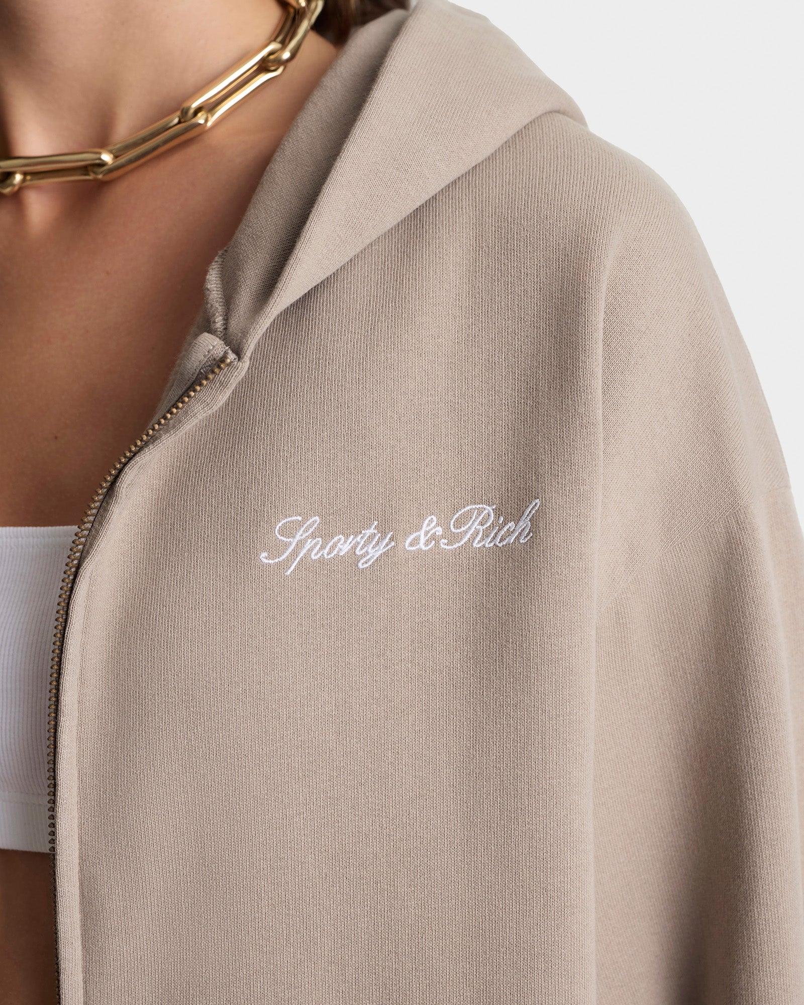 Signature Logo Embroidered Zip Hoodie - Hazelnut/White